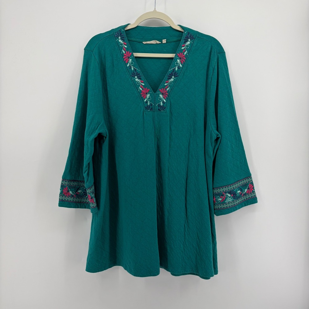 Soft Surroundings Womens XL Teal Tunic Embroidered Quilted V-Neck 3/4 Sleeve Top
